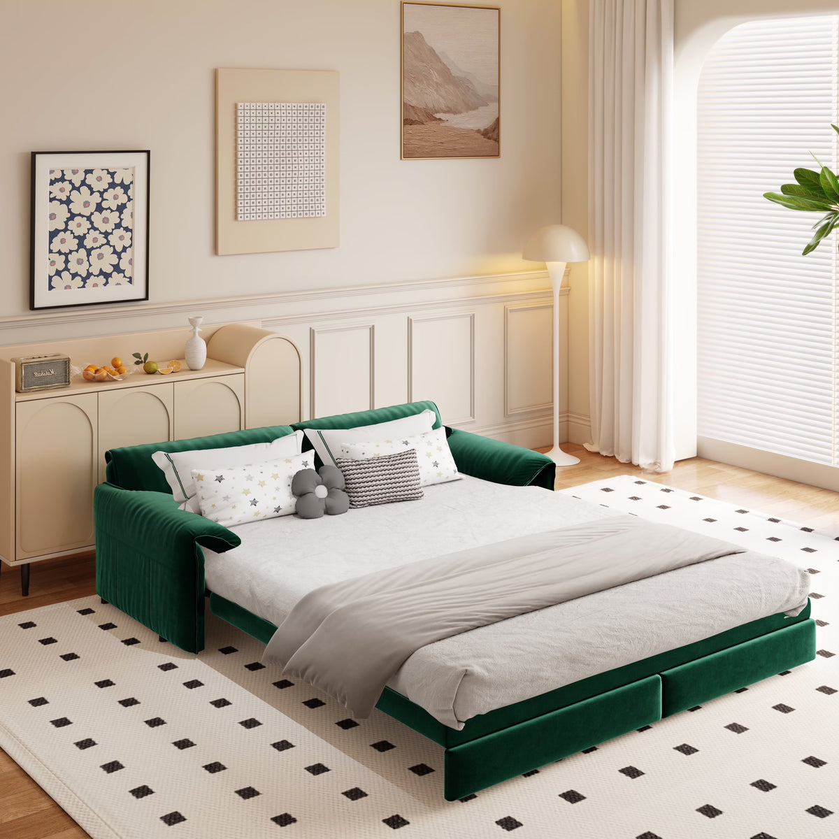 66" Queen Pull Out Sofa Bed, 3-in-1 Convertible Sleeper Sofa with Side Storage,Multi-Functional Velvet Loveseat Bed for Living Room,Bedroom