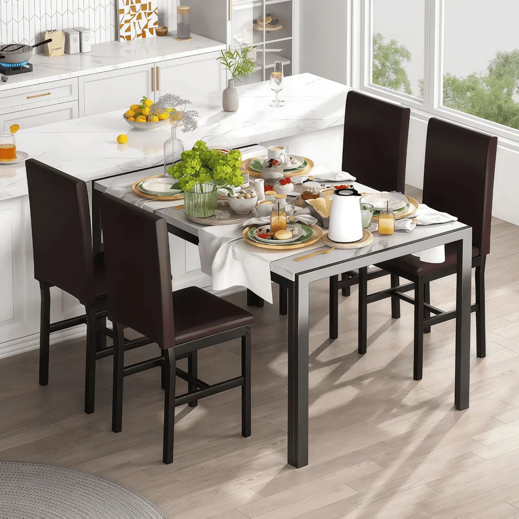 AWQM Dining Table Set of 4, Faux Marble 5 Piece Dining Room Table Set with PU Leather Chairs, Rectangular Kitchen Table Set for Apartment, Dining, White