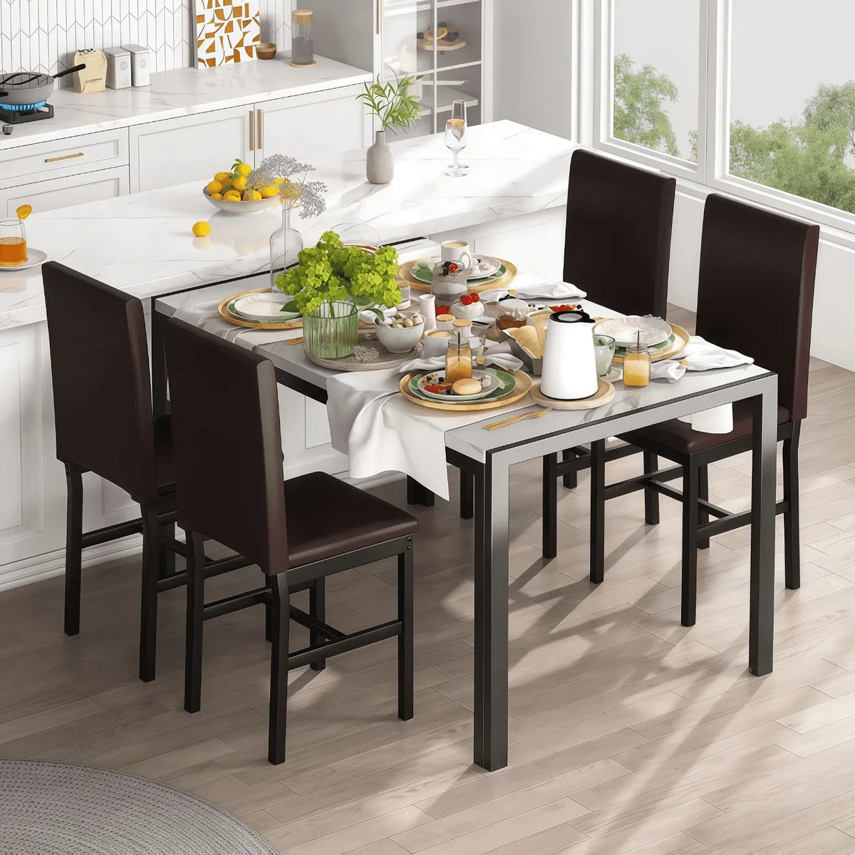AWQM Dining Table Set of 4, Faux Marble 5 Piece Dining Room Table Set with PU Leather Chairs, Rectangular Kitchen Table Set for Apartment, Dining, White