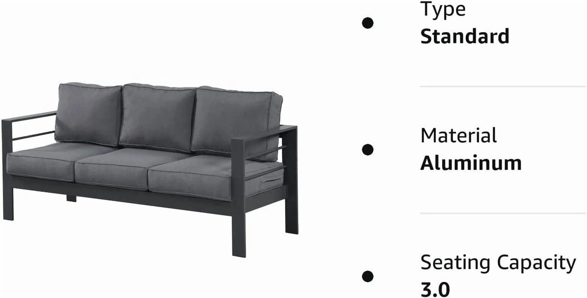 Superjoe Outdoor 3 Seats Patio Aluminum Sofa Furniture, Couch Gray Metal Chair with Cushions, Dark Grey