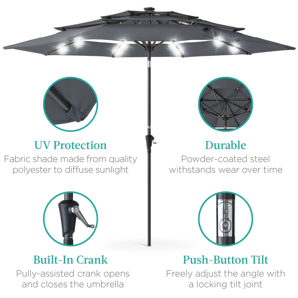 Best Choice Products 10ft 3-Tier Solar Patio Umbrella w/ 24 LED Lights, Tilt Adjustment, Easy Crank - Tan