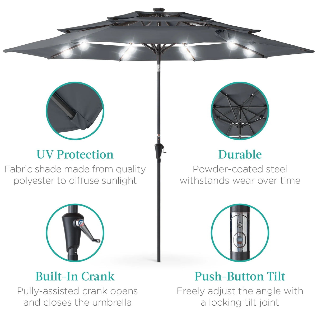 Best Choice Products 10ft 3-Tier Solar Patio Umbrella w/ 24 LED Lights, Tilt Adjustment, Easy Crank - Tan