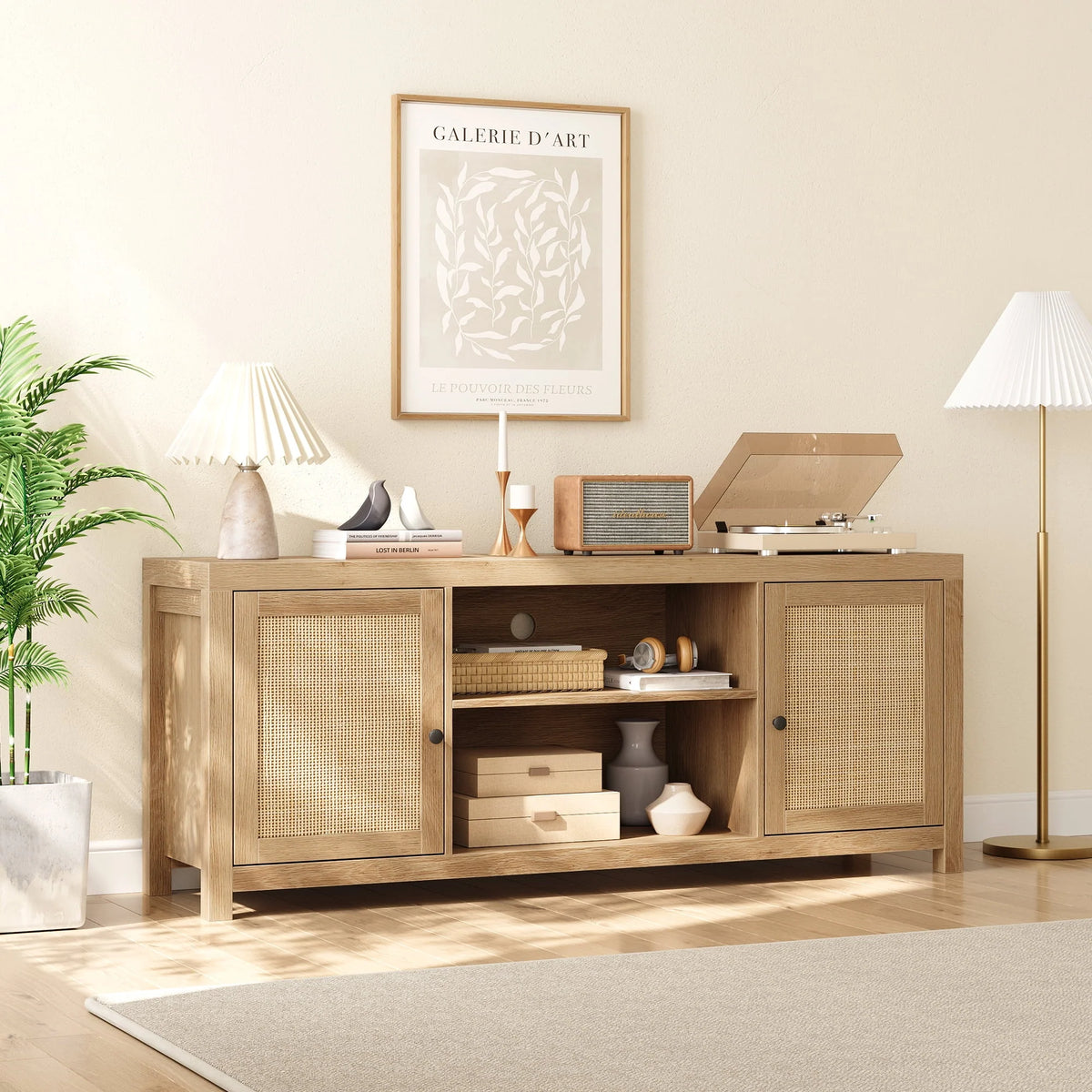 Rattan TV Stand for 65 Inch, Boho Entertainment Center with Storage and Doors, Wood TV & Media Console Under TV Cabinet Furniture for Living Room