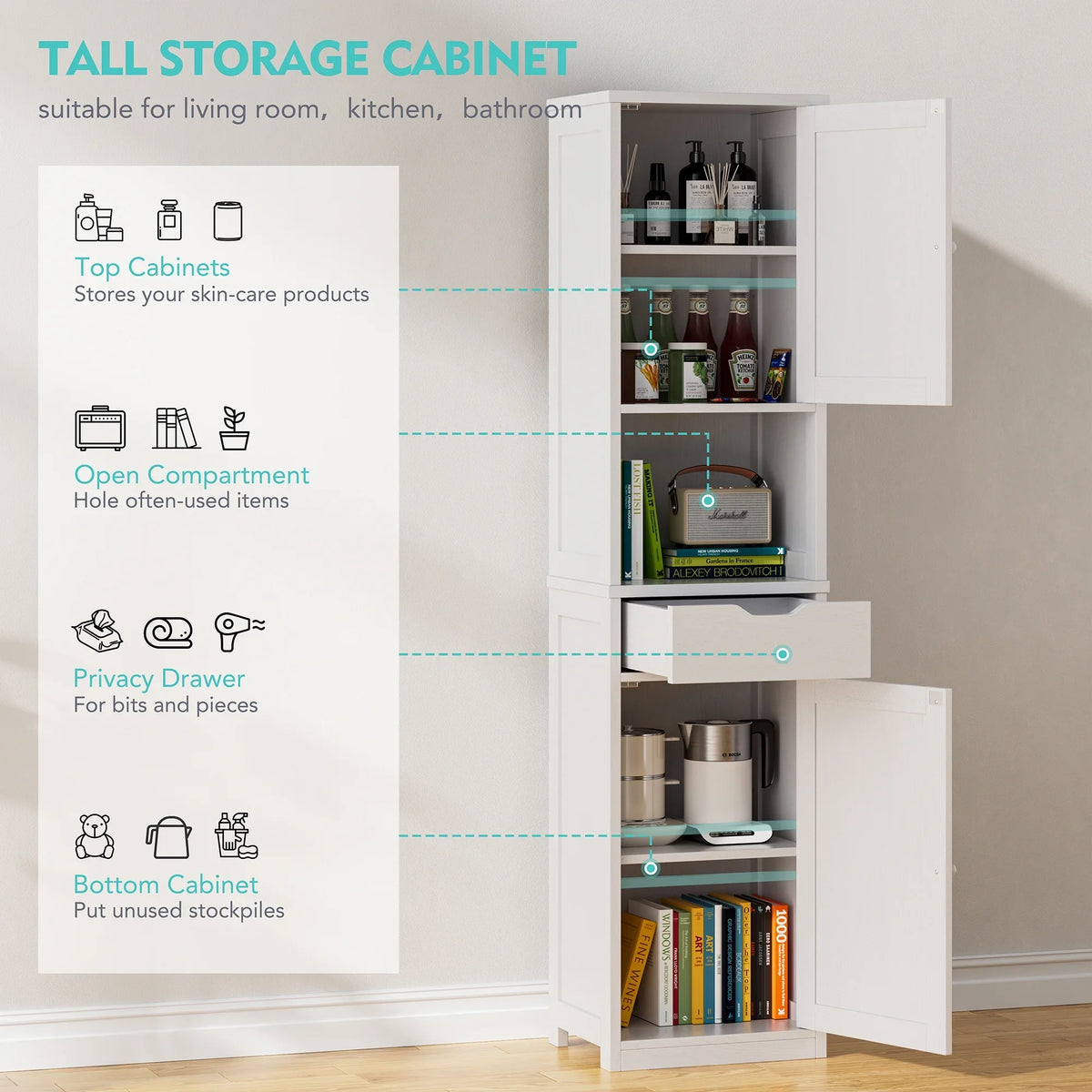 Walsunny Bathroom Storage Cabinet 64" Tall Wooden Kitchen Cupboard Pantry Cabinet with Doors Shelves Drawer Black