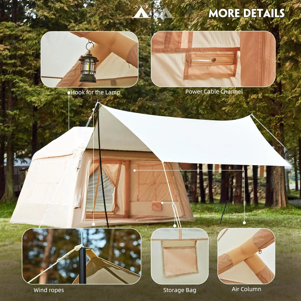 Erommy 3-4 Person Inflatable Tents for Camping with Large Rainproof Cover, Blow-Up Tent with Hand Pump, Easy Setup Tent House, Air Tent for Camping Adult,Beige