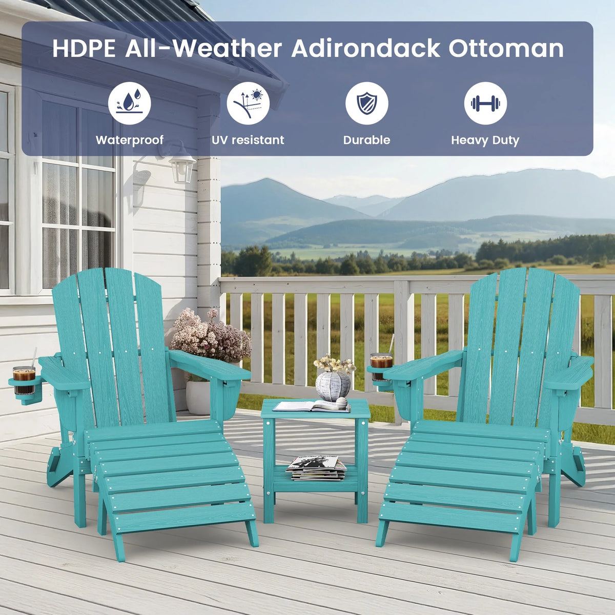 SERWALL Outdoor Adjustable Folding HDPE Adirondack Chairs Set of 2 with Cup Holder, Gray