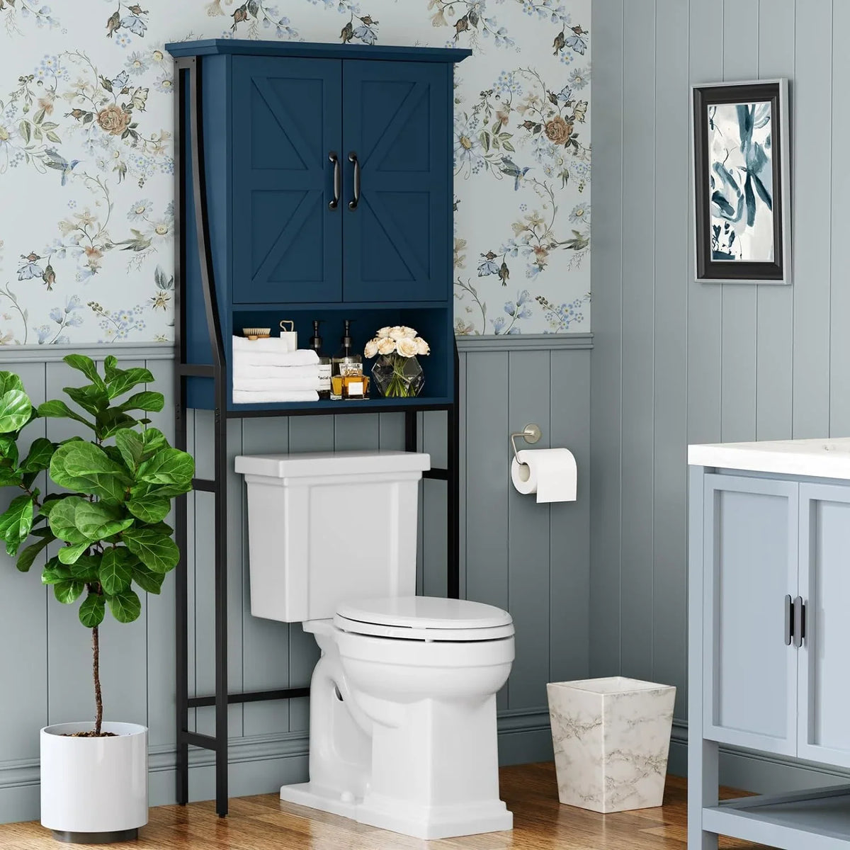 Over The Toilet Storage Cabinet, Over Toilet Bathroom Organizer, Above Toilet Storage Cabinet with Barn Doors Behind Toilet Bathroom Organizer Over-The-Toilet Cabinet (Cream White)