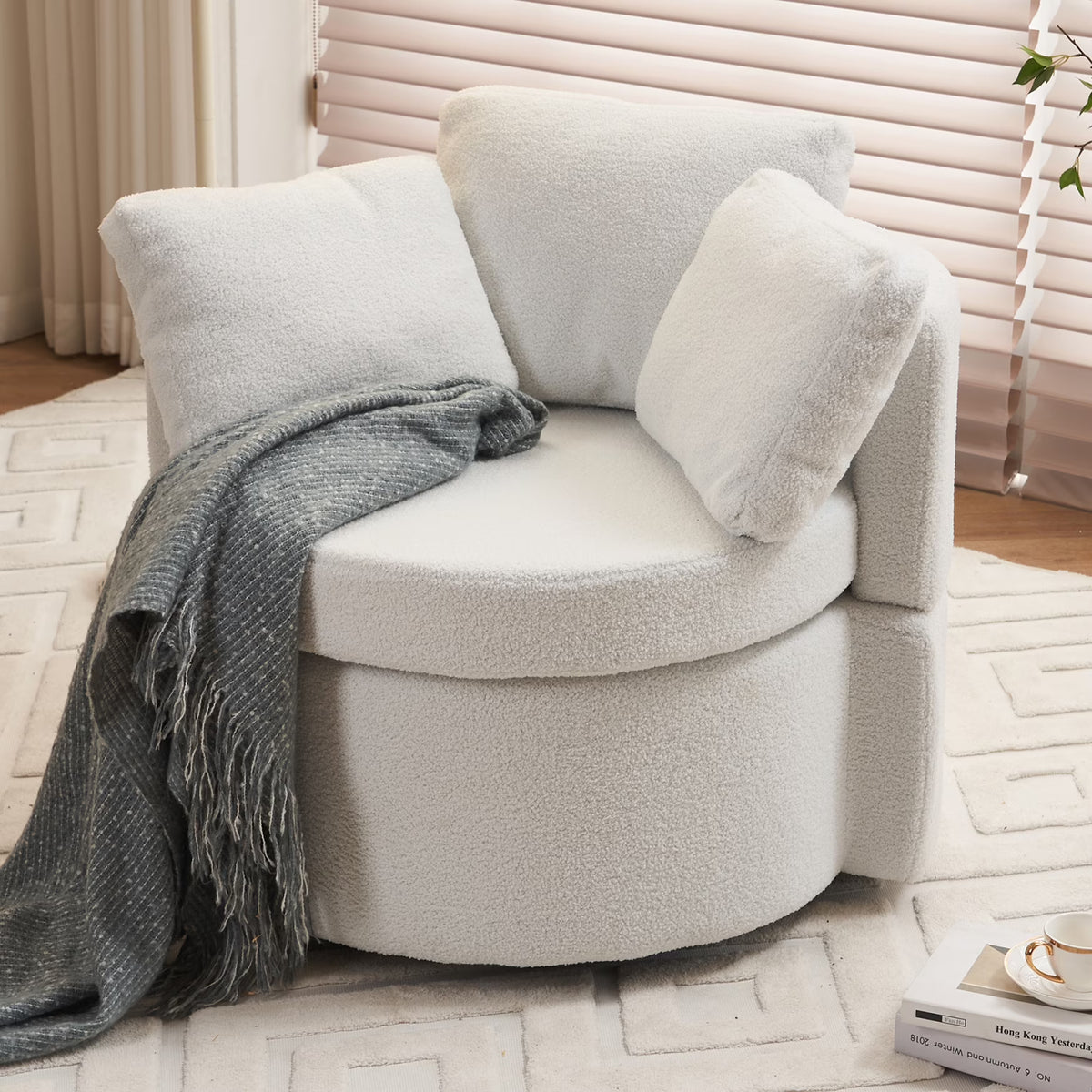 Swivel Barrel Chair, Teddy Round Swivel Accent Sofa Chairs with 3 Pillows and Storage, Modern 360 Degree Boucle Swivel Chairs for Living Room, Bedroom, Office (Dark Gray, Teddy)