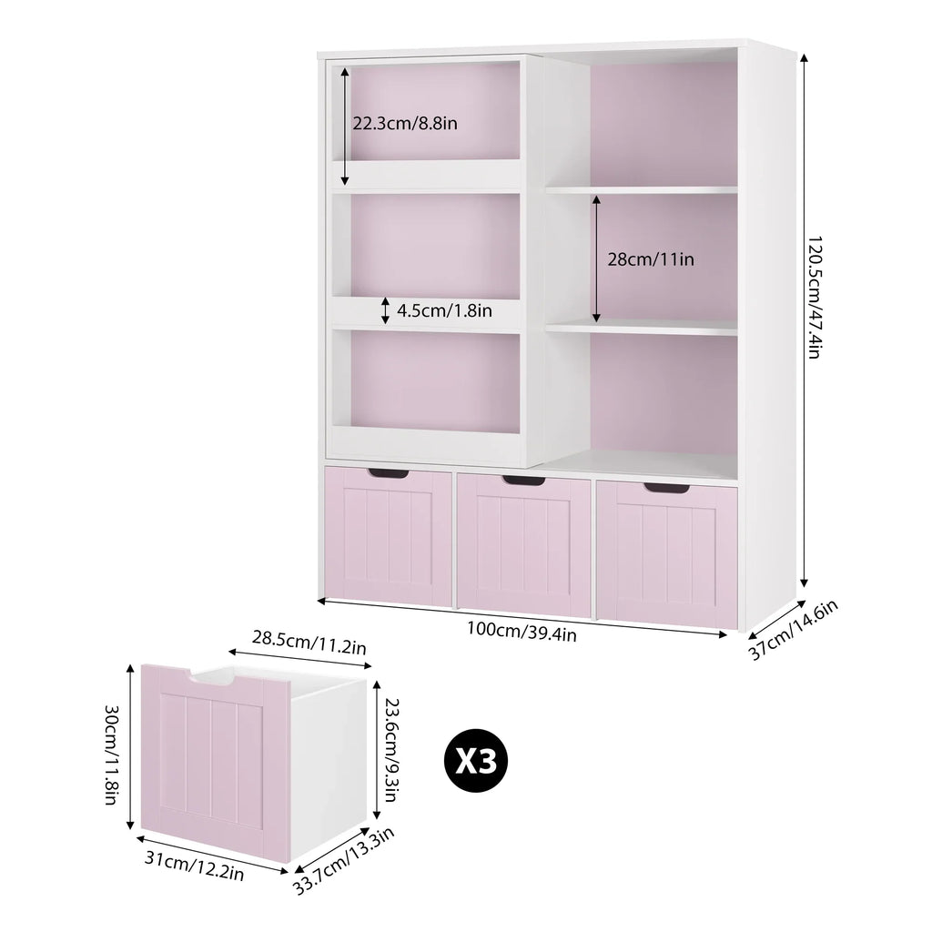 Homfa 6 Cube Toy Storage, Cube Organizer with Sliding Rack, 3 Drawer Kids Bookcase and Bookshelf, White