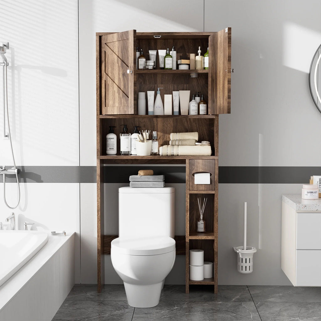 Walsunny Over the Toilet Storage Cabinet with Doors Side Storage Toilet Paper Holder Stand Space Saver Shelf Organizer Rack Freestanding for Restroom Bathroom Laundry Gray