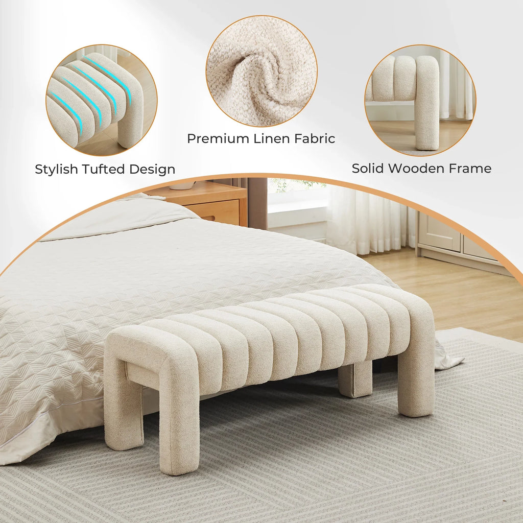 Zesthouse 63" End of Bed Bench, Linen Tufted Upholstered Ottoman Bench with Padded Seat and Solid Wood Leg, Modern Entryway Bench for Bedroom, Living Room, Beige