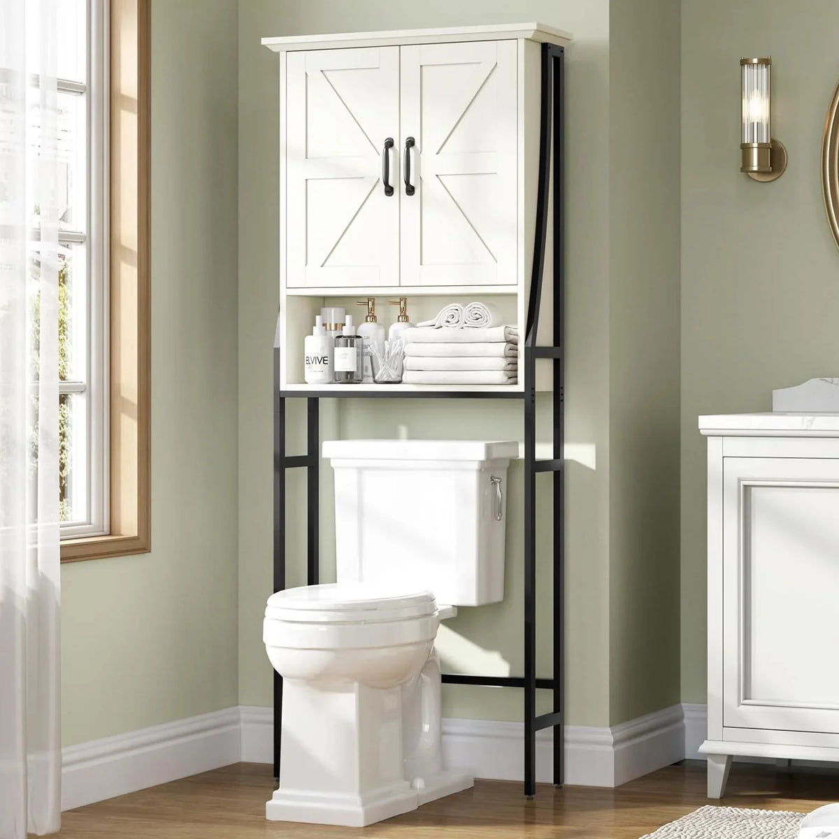 Over The Toilet Storage Cabinet, Over Toilet Bathroom Organizer, Above Toilet Storage Cabinet with Barn Doors Behind Toilet Bathroom Organizer Over-The-Toilet Cabinet (Cream White)