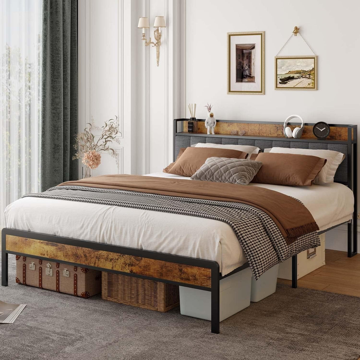 Lofka Queen Bed Frame with Headboard, Upholstered Platform Bed with Headboard, No Box Spring Needed/Easy Assembly, Beige