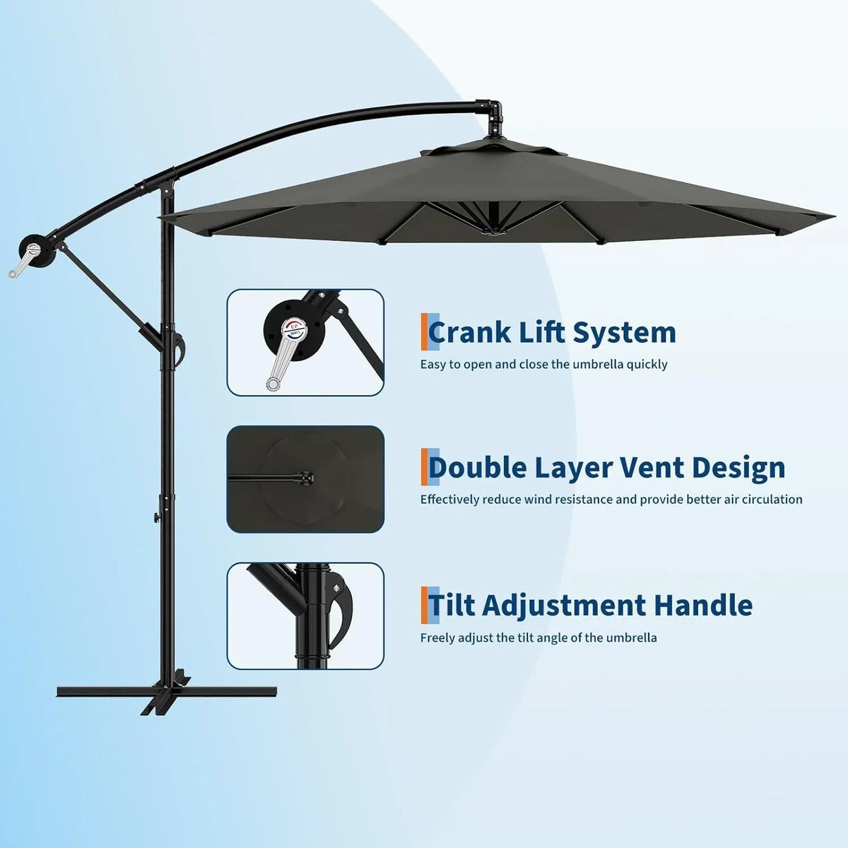 Emorefun Cantilever Umbrella, 10ft Heavy Duty Patio Umbrella with Easy Lift & Tilt Adjustment, Large Outdoor Umbrella for Deck Pool Garden Backyard, Navy Blue