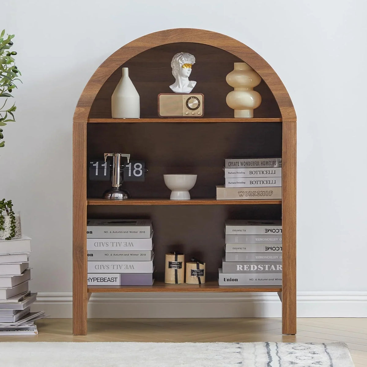 LEFHDA Small Kids Arched Bookshelf, Modern 3-Tier Open Bookshelf, Wood Freestanding Arched Bookcase with Adjustable Shelves, Covered Rounded Top Display Cabinet (Walnut)