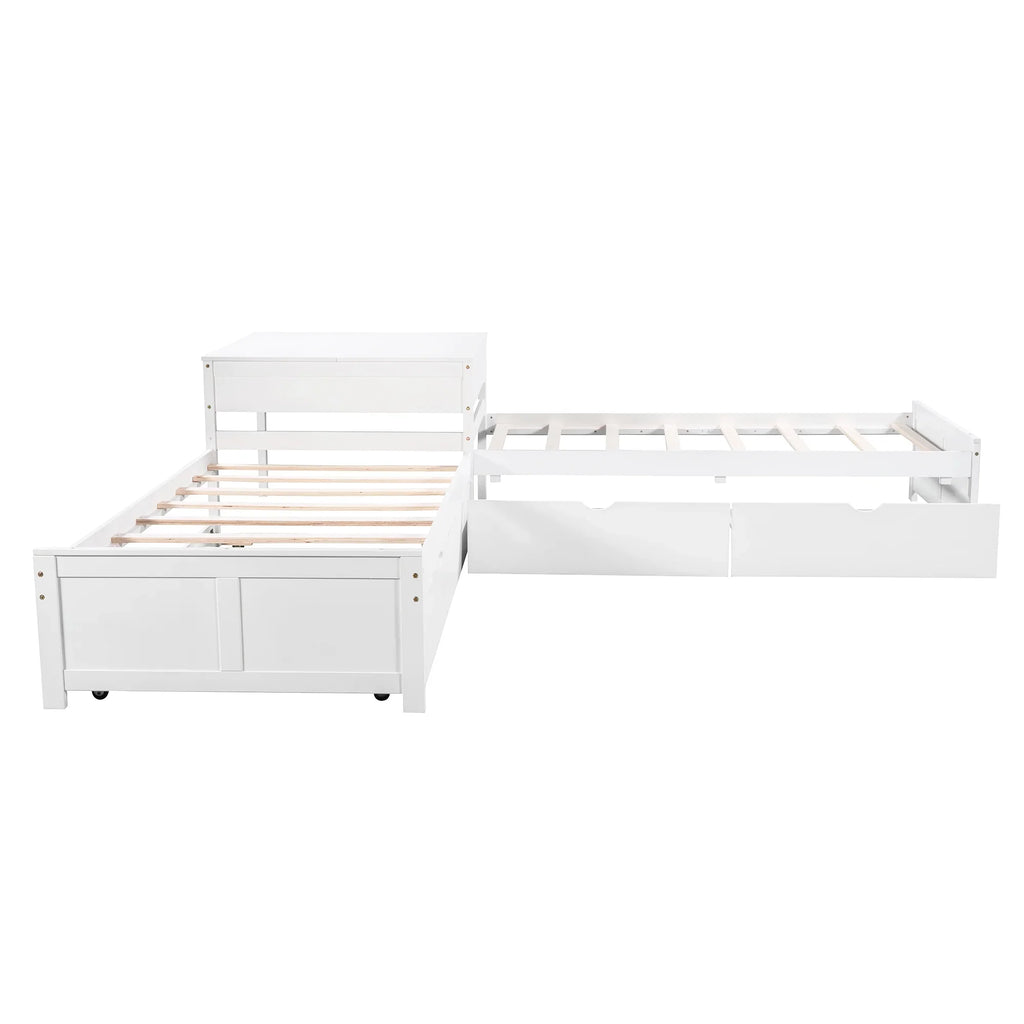 Euroco Wood Twin Size L-Shaped Platform Bed with Square Storage Table for Kids Teens, 2 Platform Beds with Trundle and Drawers for Living Room, 3 Twin Beds, Gray