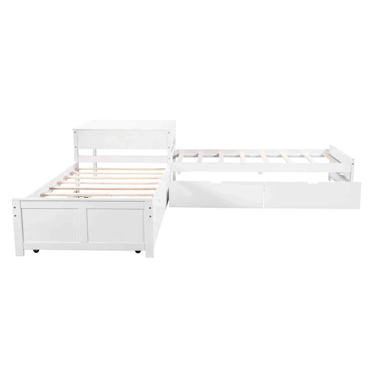 Euroco Wood Twin Size L-Shaped Platform Bed with Square Storage Table for Kids Teens, 2 Platform Beds with Trundle and Drawers for Living Room, 3 Twin Beds, Gray