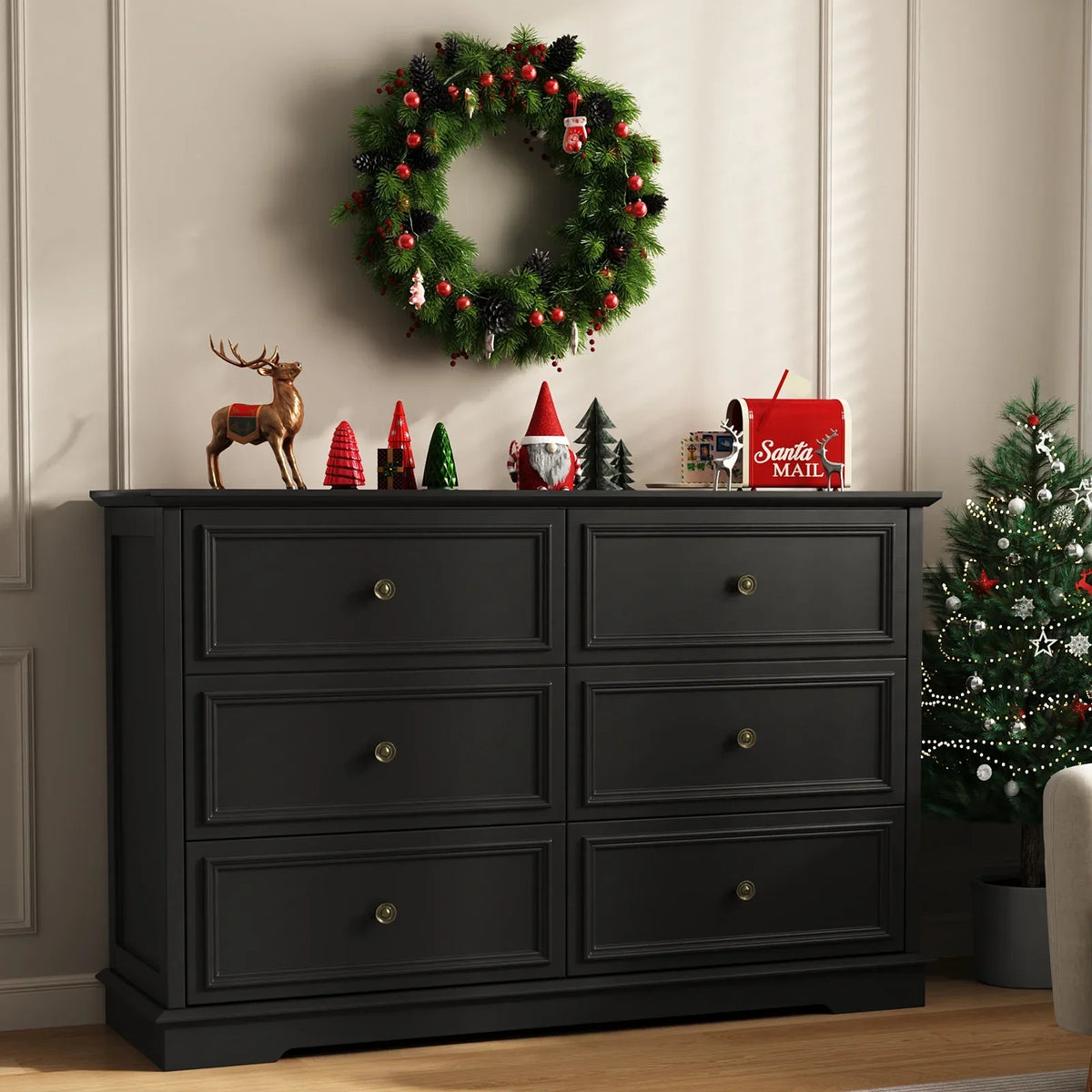 IDEALSOUL Black Dresser,6 Drawer Dresser for bedroom,Retro Wood Storage Cabinet for Living Room