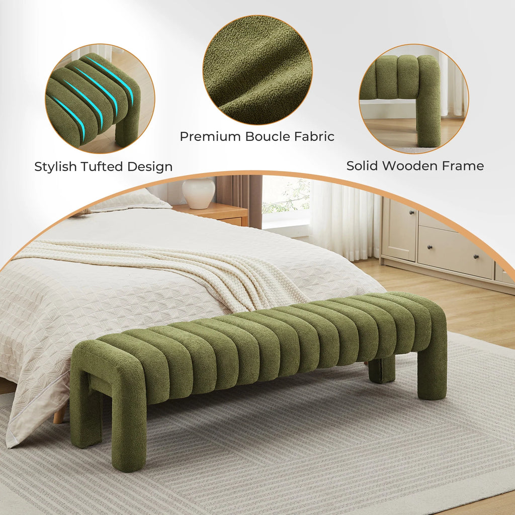Zesthouse 63" End of Bed Bench, Linen Tufted Upholstered Ottoman Bench with Padded Seat and Solid Wood Leg, Modern Entryway Bench for Bedroom, Living Room, Beige