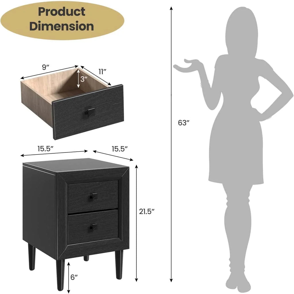 RONOVIA Black Nightstand Set of 2, Fully-Assembled 2-Drawer Bedside Tables with Solid Wood Legs for Bedroom, Modern Night Stand Side Table for Small Space Living Room