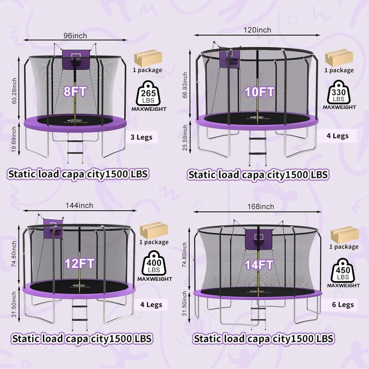 ACWARM HOME 8FT Trampoline with Enclosure Net,Basketball Hoop,Ladder, Light,Outdoor Heavy Duty Round,Purple