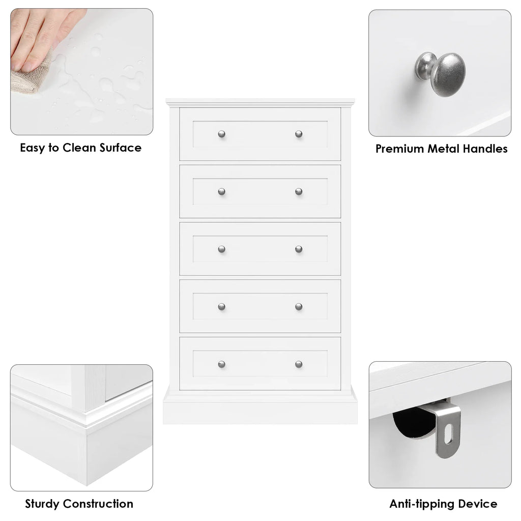 Homfa 5 Drawer Bedroom Dresser, Tall Wood Nightstand Storage Cabinet for Office Living Room,Gray