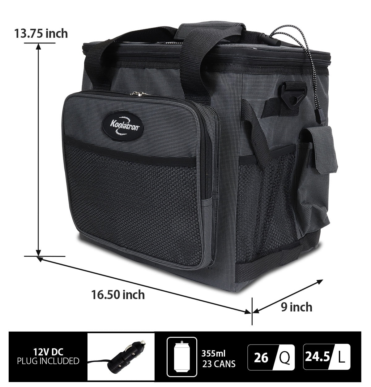 Koolatron Thermoelectric Iceless Electric Cooler Bag, 12Volt 26 qt (25 L) Black Gray