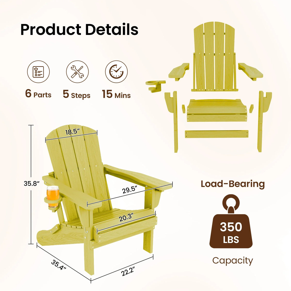 SERWALL Outdoor Adjustable Folding HDPE Adirondack Chairs Set of 2 with Cup Holder, Gray