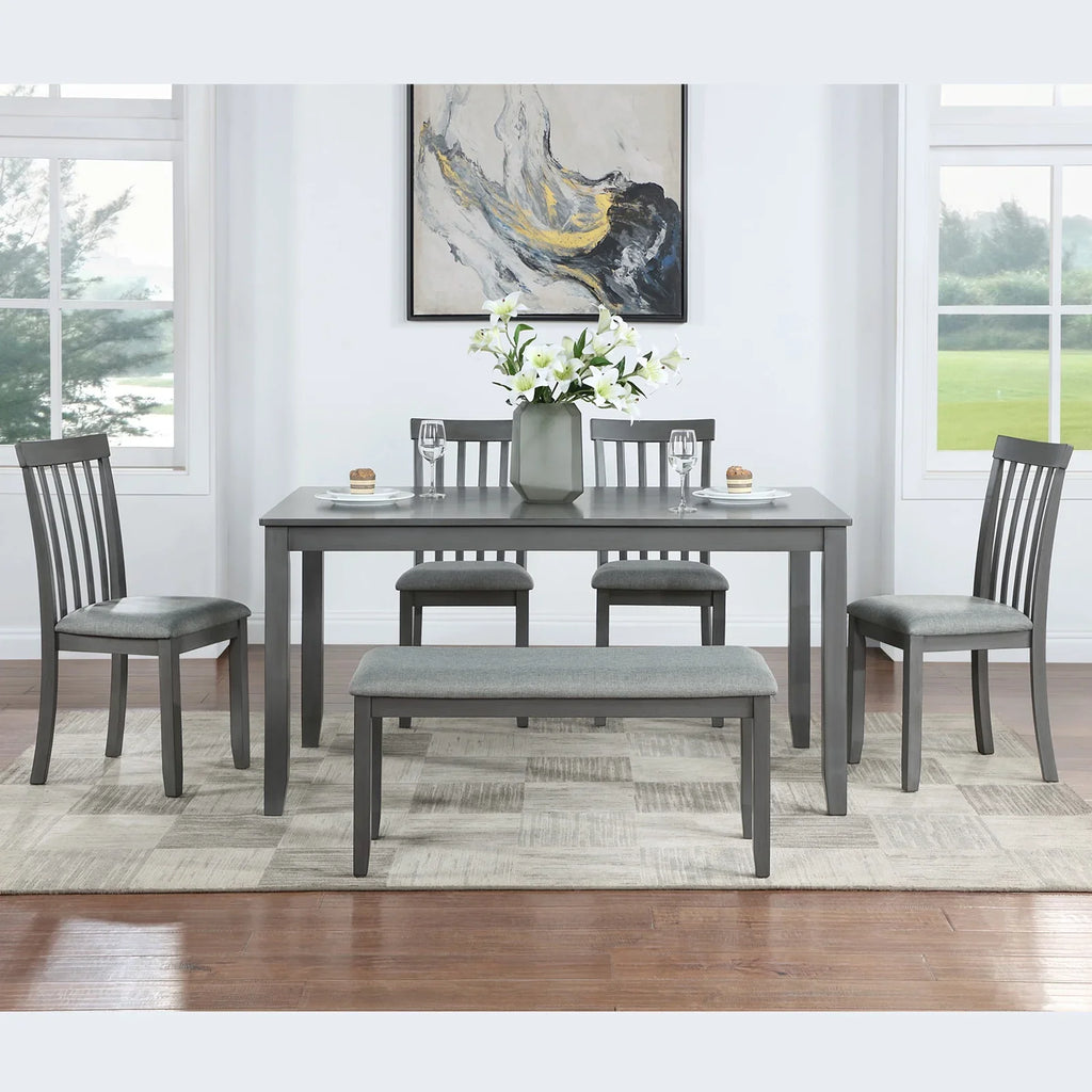 Dining Room Set, LEGAHOME 6 Piece Dining Sets with Bench and Chairs, Solid Wood Kitchen Dining Table Set for 6 with Upholstered Chairs, Gray