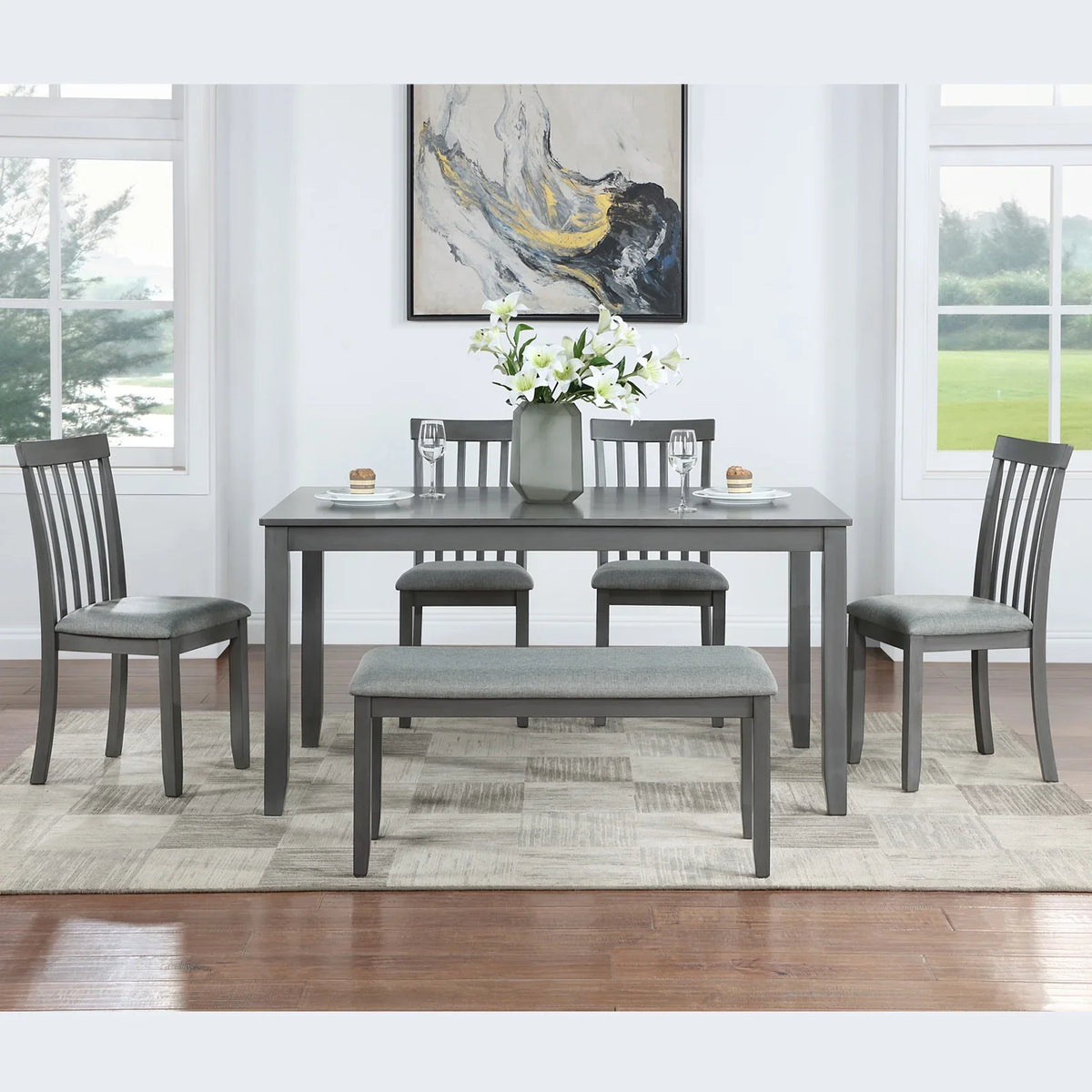 Dining Room Set, LEGAHOME 6 Piece Dining Sets with Bench and Chairs, Solid Wood Kitchen Dining Table Set for 6 with Upholstered Chairs, Gray