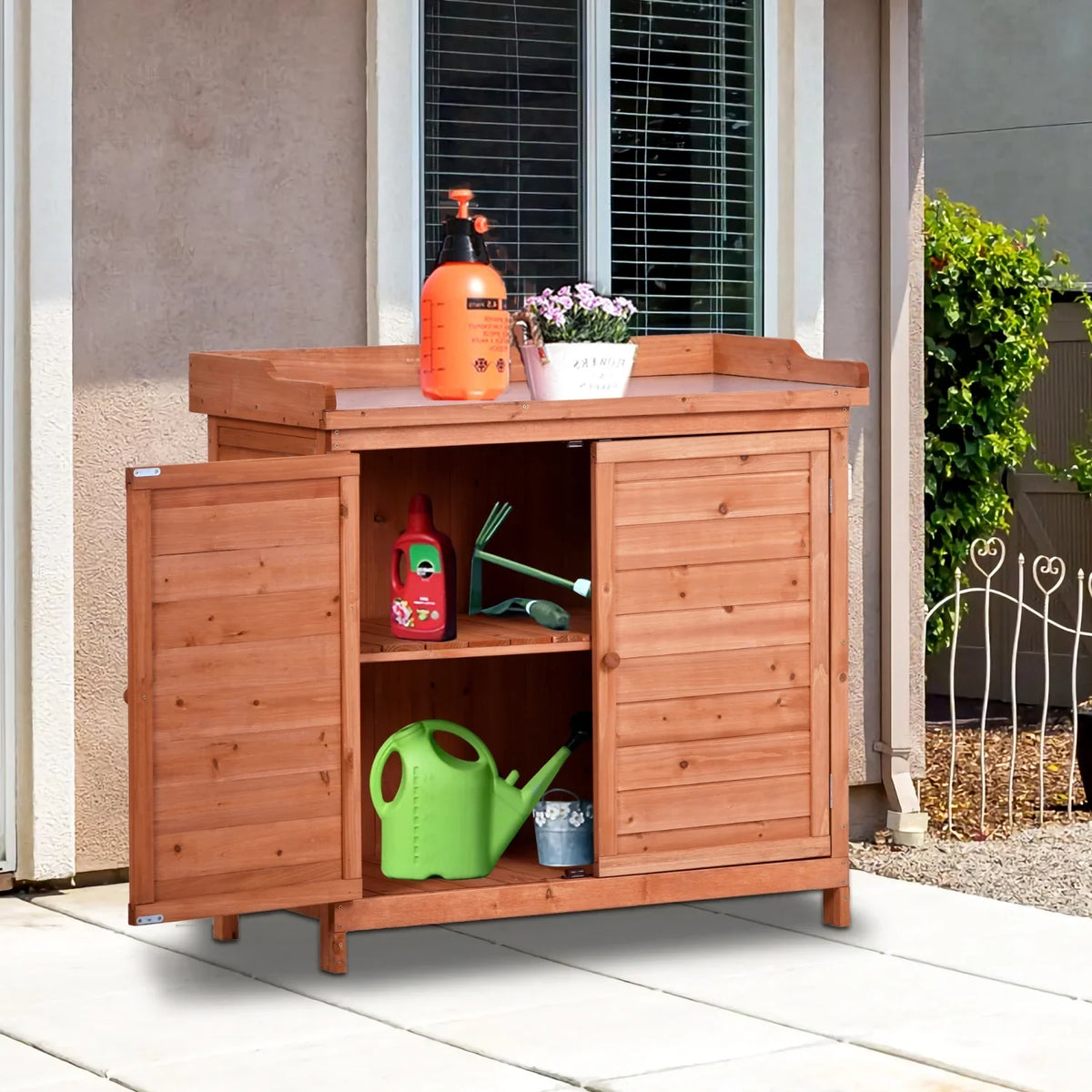 Outdoor 39" Potting Bench Table, Rustic Garden Wood Workstation with 2-Tier Shelves and Side Hooks, Orange