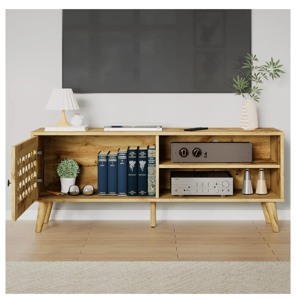 Rattan TV Stand, Fluted TV Stand with Storage, 47 inch Rattan Entertainment Center, Media Console Cabinet for Living Room, Bedroom 47'' -1 Door