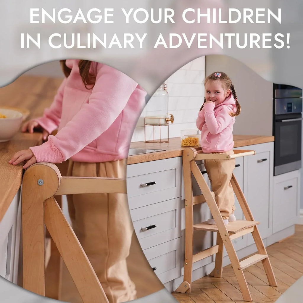 Folding Wooden Kitchen Standing Stool for Toddlers �C Safe & Compact Learning Step Stool, Ages 18 Months+