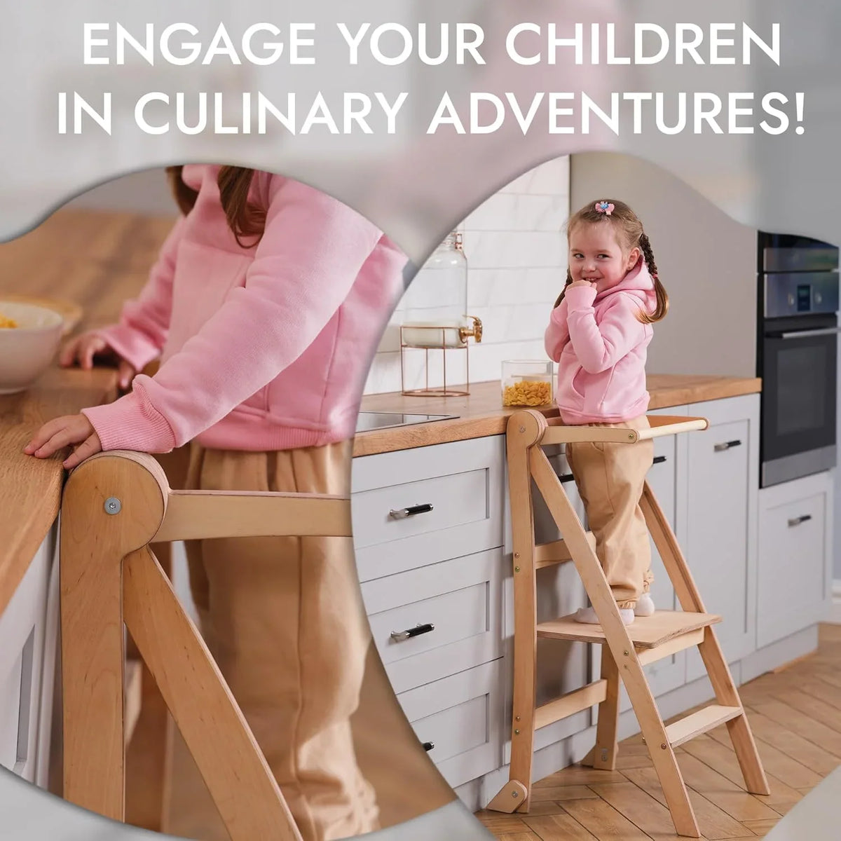 Folding Wooden Kitchen Standing Stool for Toddlers �C Safe & Compact Learning Step Stool, Ages 18 Months+