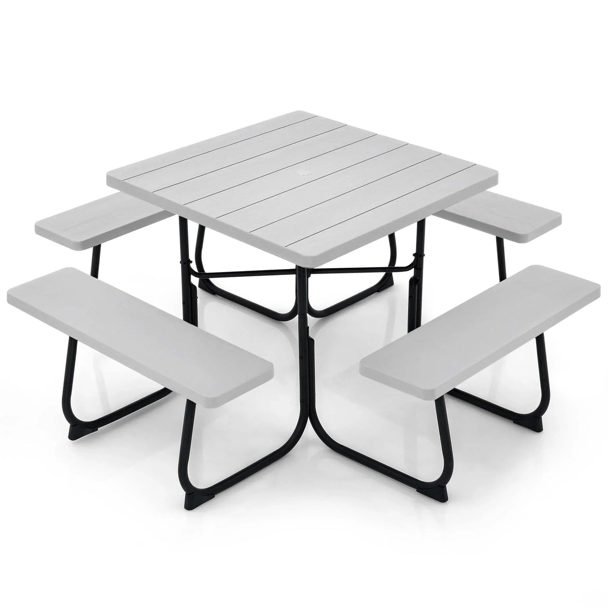 Costway Outdoor 8-person Square Picnic Table Bench Set with 4 Benches & Umbrella Hole White
