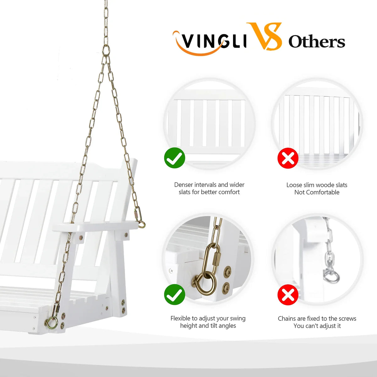 VINGLI Heavy Duty 880 LBS 4 FT Patio Wooden Porch Swing with Upgraded Adjustable Chains, Rustic