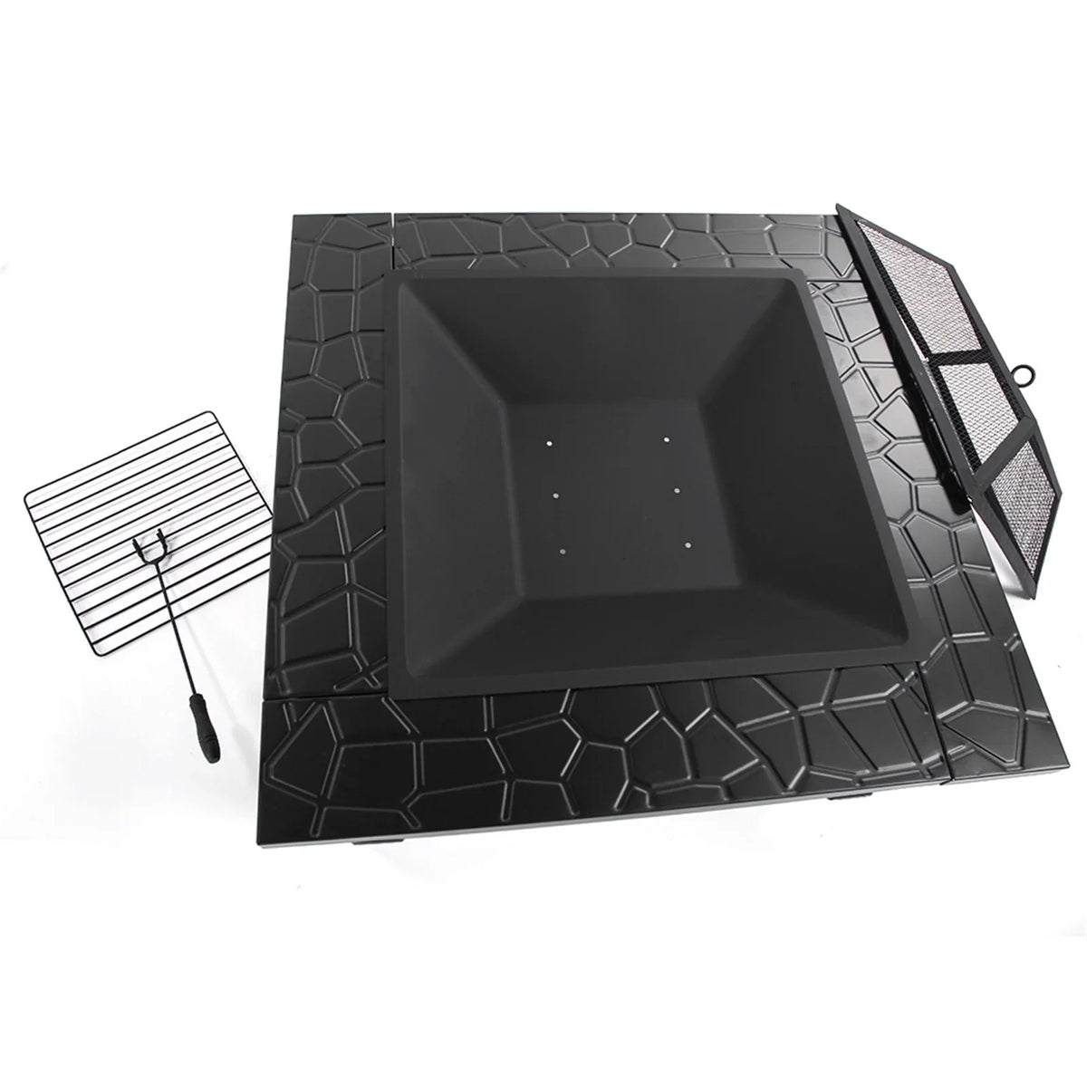 Wood Burning Fire Pits for Outside, 32" Square Iron Fire Pit Backyard Patio Garden Stove Wood Burning Fire Pit w/ Mesh Screen Lid, Wood Grate, Poker, Durable Fire Pit, Q5946