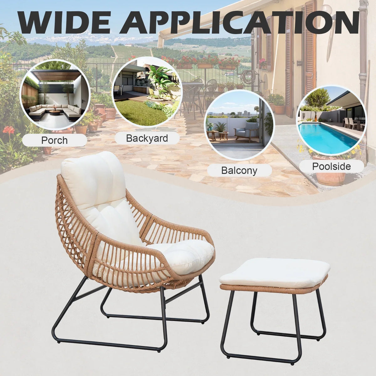 Tappio Wicker Papasan Egg Chair with Ottoman, Outdoor Patio Basket Lounge Chair Indoor Oversized Egg Lounger with Thick Cushion for Living Room Bedroom Balcony Porch, Black