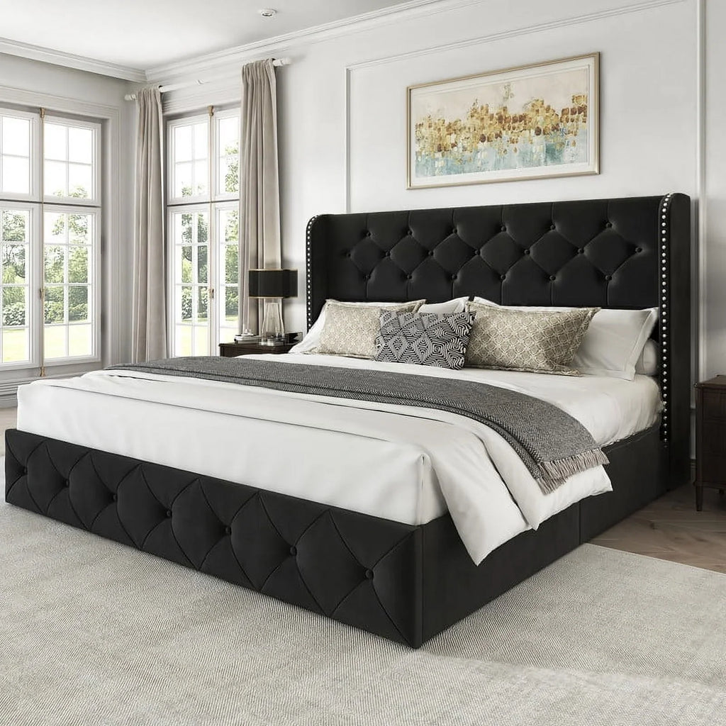 LARMACE Queen Size Platform Bed Frame with 4 Storage Drawers and Tufted Headboard Linen Upholstered Bed Wingback Bed Frame with Wooden Slats Support, Easy Assembly, Light Grey