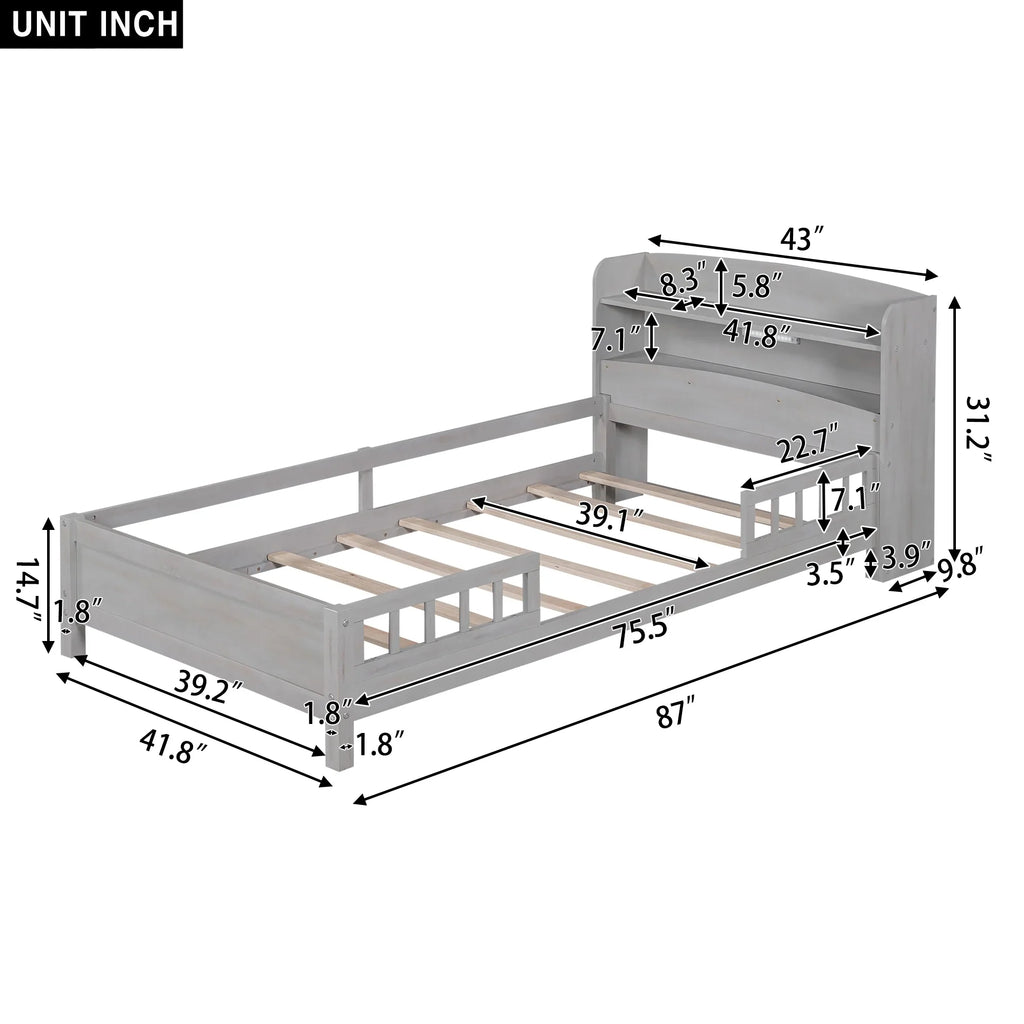 Euroco Wood Twin Size Platform Bed with Storage Headboard, Shelves and LED Light for Kids, Gray