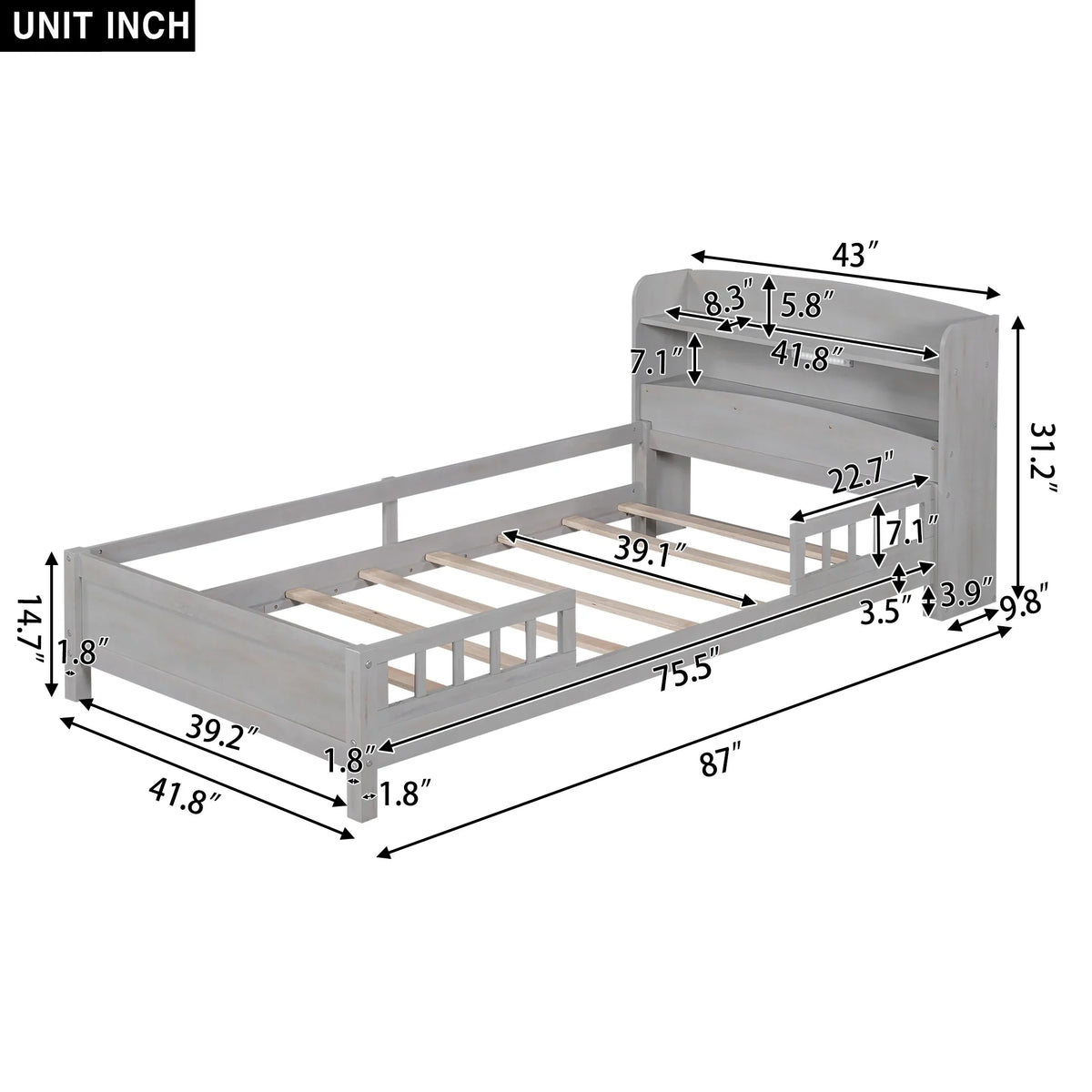 Euroco Wood Twin Size Platform Bed with Storage Headboard, Shelves and LED Light for Kids, Gray