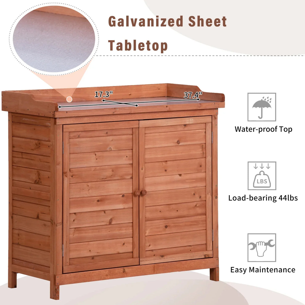 Outdoor 39" Potting Bench Table, Rustic Garden Wood Workstation with 2-Tier Shelves and Side Hooks, Orange