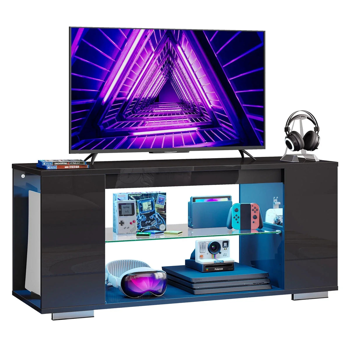 Pinmoco 47'' TV Stand for TVs up to 55", Gaming Entertainment Center with LED Lights, Black