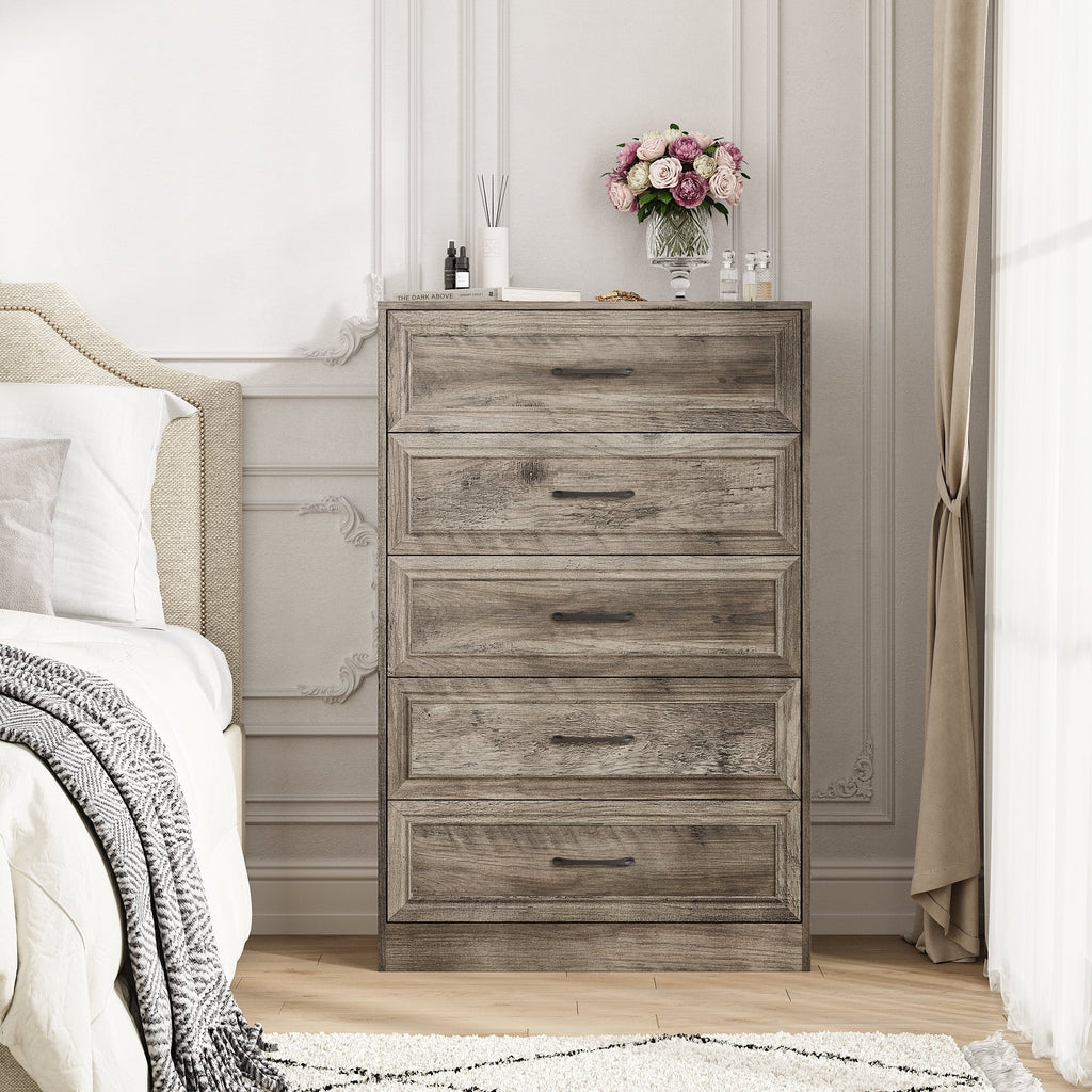 Vabches Farmhouse 5 Drawer Dresser with Metal Handle, Tall Wood Chest of Drawers for Living Room Bedroom,Dark Brown