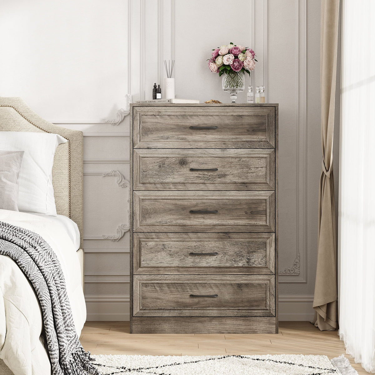 Vabches Farmhouse 5 Drawer Dresser with Metal Handle, Tall Wood Chest of Drawers for Living Room Bedroom,Dark Brown