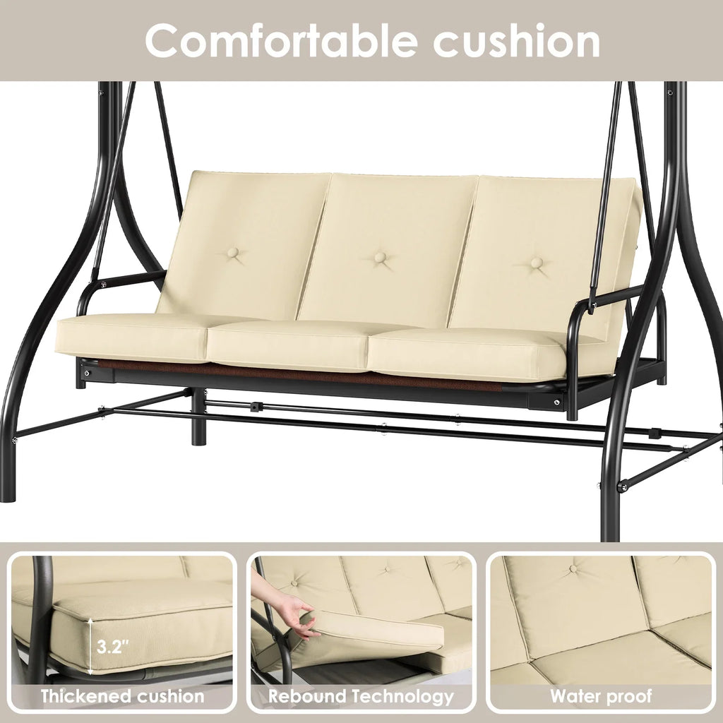 Pirecart 3 Person Patio Porch Swing Outdoor Converting Swing Glider Hammock with Adjustable Canopy, Cushions, Red