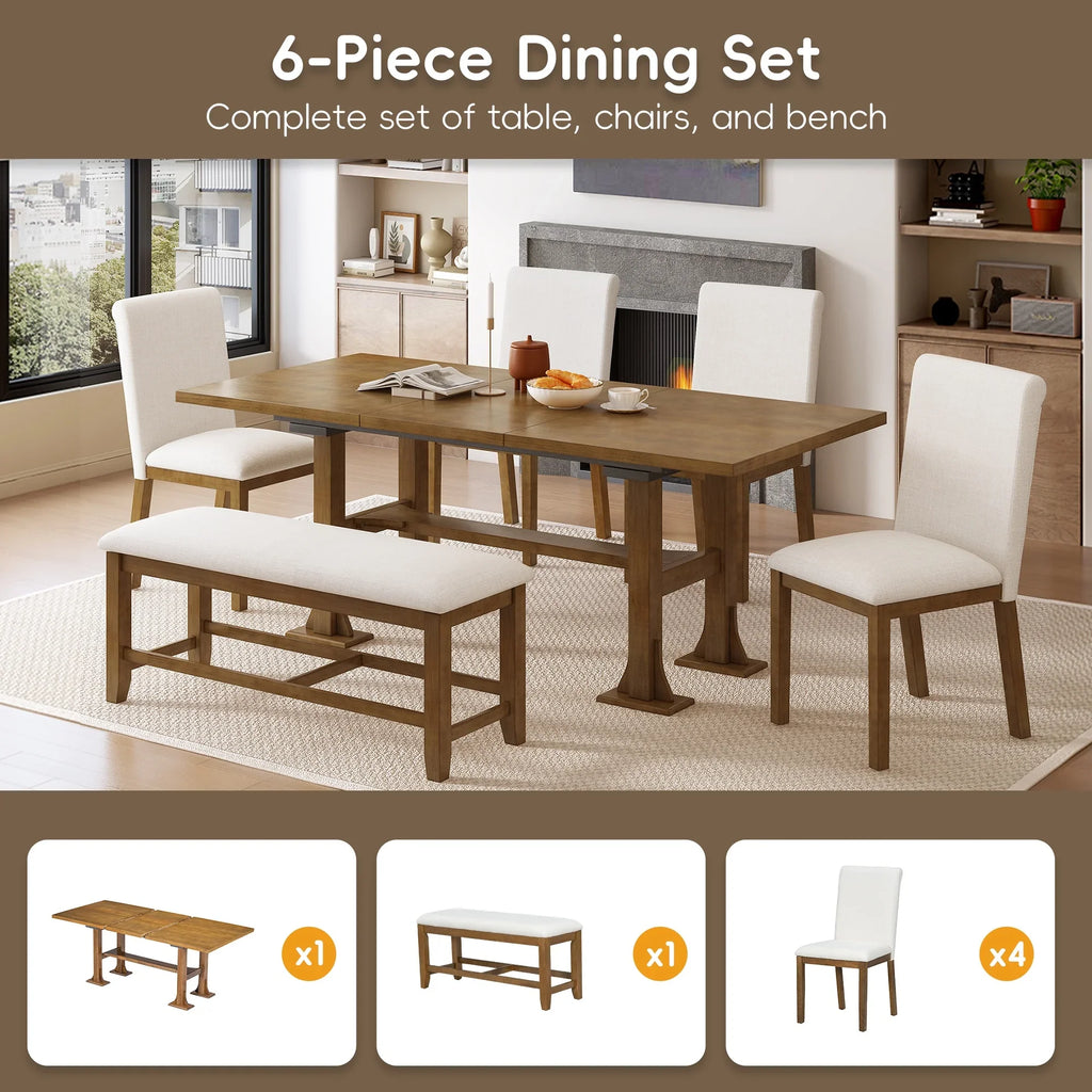 6 Piece Extendable Dining Table Set, Atumon Wood Dining Room Set for 6, Dining Table Set with 4 Cushioned Chairs and Bench, Farmhouse Dining Table Set Furniture for Kitchen Dining Room, Dark Brown