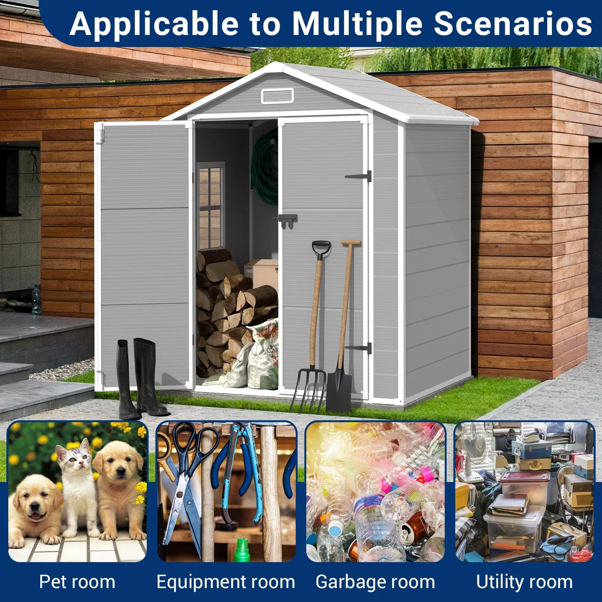 ELPOSUN Outdoor Storage Shed 6x4.5 ft, Resin Outside Sheds & Outdoor Storage Plastic for Trash Can, Bike, Lawnmower, Generator, Tool Shed with Lockable Door for Backyard, Lawn, Patio, Grey & White