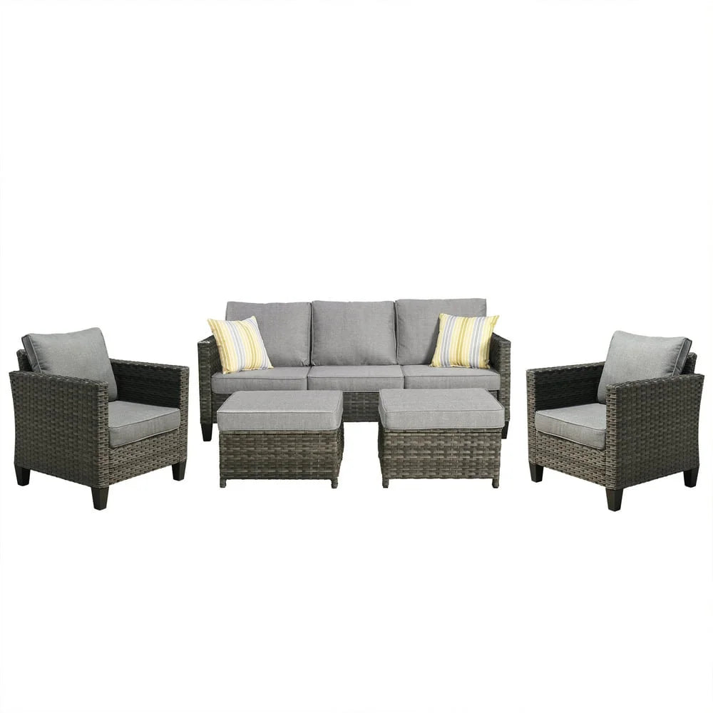Ovios 5 Pieces Outdoor Patio Furniture Set Wicker Rattan Outdoor Conversation Comfortable Sectional Sofa with Steel Frame, Grey