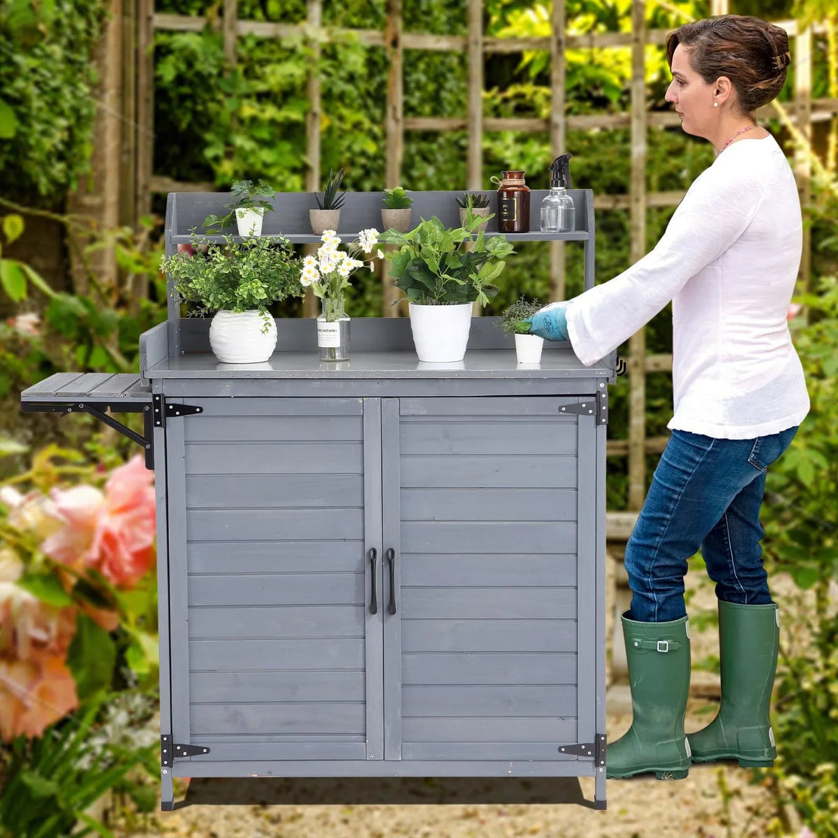 Kojooin Wooden Potting Bench Table �C Outdoor Gardening Furniture with Metal Top, Storage Cabinet & Adjustable Shelf for Patio, Garden, Greenhouse